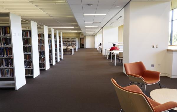 library upper level shelves and seating